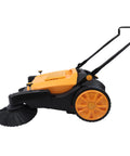Big 41 Inch Walk Behind Floor Sweeper Machine For Garage Warehouse And Driveway Crush Junk Fast With Zero Sweat, side view of manual push broom.