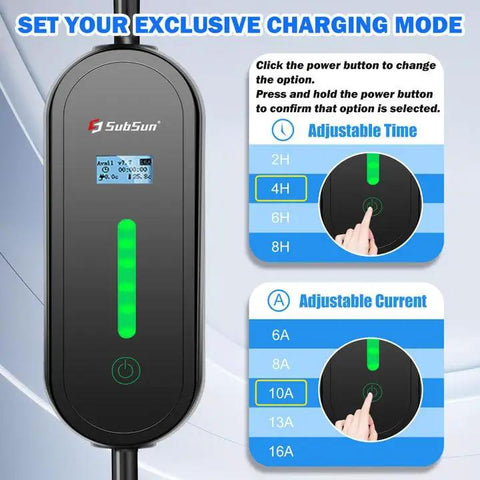 Top Shelf J1772 Electric Vehicle Charging Cable With Smart Led Display showing adjustable time and current settings.