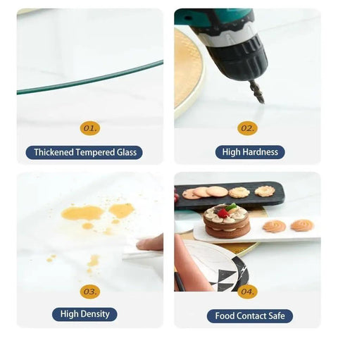 Round Glass Lazy Susan With Hella Sturdy Thickened Base For Dining Tables Heavy Duty Heat Resistant Serving Tray with thickened tempered glass features.