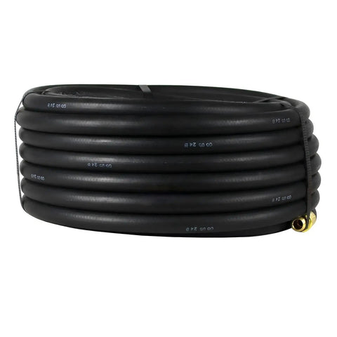 50 Foot 3/8 Inch Rubber Air Hose With 1/4 Inch Male NPT Solid Brass Ends Air Compressor Line 250 Psi coiled for easy storage.