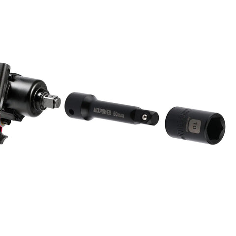 Impact wrench with 55 Piece 1/4 Inch Drive Impact Socket Set Built With CR-V Steel For Pro Grade Tough Jobs shown with extension and socket