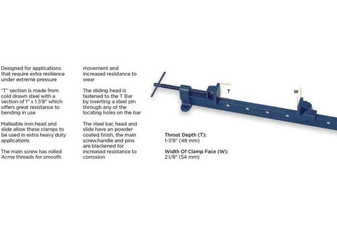 No Nonsense Heavy Duty T Bar Clamp With 48 Inch Frame And 42 Inch Jaw Width, Cold Drawn Steel Bar, Malleable Iron Head And Pin Locking Slide, Pro Shop Favorite Built Tough For Serious Woodworking And Assembly Projects, dimensions and features.