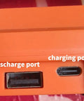 Charging and discharge ports on Portable Camping Fan With Led Lights And 20000mAh Battery, orange casing