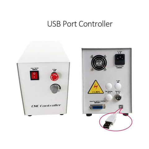 Heavy Hitter 3040 CNC Router With 2200W Spindle And Upgraded Fourth Axis Rotary USB controller with ports and switches.