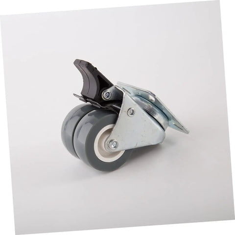 Heavy Duty Swivel Twin Casters With Brake 2 Inch Dual Rubber Wheels For No Sweat Furniture Moving Black Tires 360 Degree Spin Rock Solid Stability Smooth Operator close-up angle showing castor with black brake and dual rubber wheels.