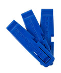 No Sweat Tire Changes With This Rock Solid Set Of 3 Bicycle Levers Featuring Integrated Spoke Clamp Valve Core Wrench And Ergonomic Non Slip Handle For Dead Simple Road Or Off Road Wheel Repair in blue color.