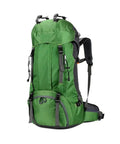 Green 60L Outdoor Hiking Backpack Waterproof Built For Camping And Climbing Mountaineering Rugged Gear Bag with ergonomic straps