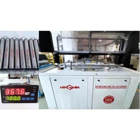 Waterjet cutting machine with Wingwin cabinet and intensifier pump; left-side control panel with digital readout.