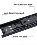 Close-up view of Two Pair 3-Section Full Extension Silent Drawer Slides, highlighting anti-rust black steel, anti-degumming pad, ball bearings.