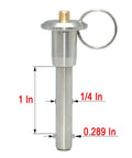 1/4 X 1 Inch Marine Grade Stainless Steel Ball Lock Pin Quick Release Indexing Spring for shop tools, showing dimensions.