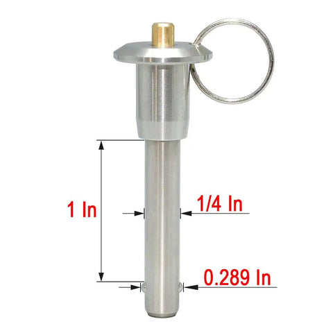 1/4 X 1 Inch Marine Grade Stainless Steel Ball Lock Pin Quick Release Indexing Spring for shop tools, showing dimensions.