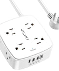 10 Foot Surge Protector Power Strip With 8 Wide AC Outlets And 4 USB Ports 3-Side Extender, white, close-up with flat plug