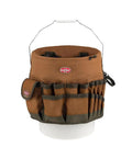 Brown Bucketeer Bucket Tool Organizer on a 5-gallon bucket with multiple pockets and three interior loops for tools.
