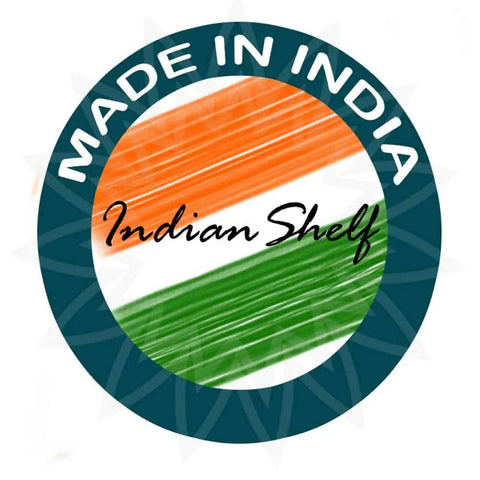Made in India logo with green and orange brush strokes recreating the Indian flag, featuring 'Indian Shelf' text.