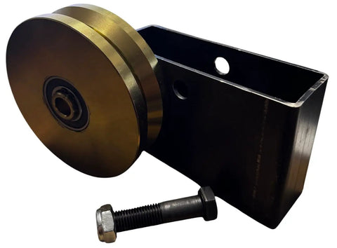 6 Inch V Groove Power Wheel With Zinc Plated Finish And Box Mount, featuring a steel base and hardware for heavy-duty use.