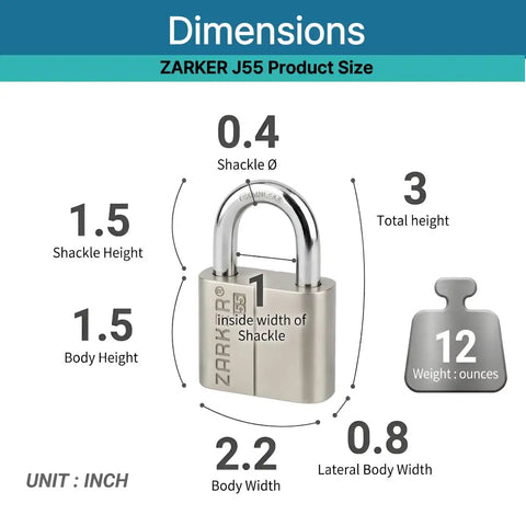 Diagram showing dimensions of Keyed Alike Padlocks 4 Pack Workhorse Heavy Duty Stainless Steel Shackle Lock Waterproof and Rustproof Outdoor Grade