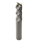 CNC router end mill, square-nose, 4-flute HSS, silver metal.