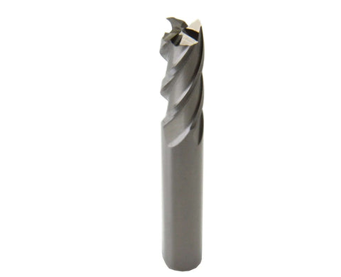 CNC router end mill, square-nose, 4-flute HSS, silver metal.