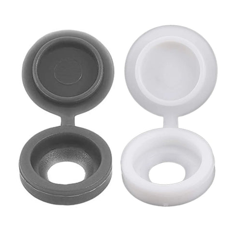200 Pcs Plastic Hinged Screw Head Covers Snap On Caps Light Grey 13.6x29mm, shown open, durable for cabinets and furniture.