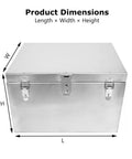 Beefy Stainless Steel Outdoor Tool Storage Box With Silent Hydraulic Latches, Easy Open And Close, Automotive Grade Toolbox For Trucks And SUVs, Weatherproof, Lockable Security, Rugged Box For The Job Site with dimensions labeled L, W, H