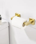Gold Toilet Paper Holder And Hand Towel Bar Set In Brushed Brass With Double Post Pivoting Design For Secure Roll Change Stainless Steel