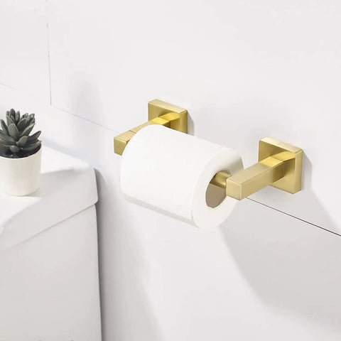 Gold Toilet Paper Holder And Hand Towel Bar Set In Brushed Brass With Double Post Pivoting Design For Secure Roll Change Stainless Steel
