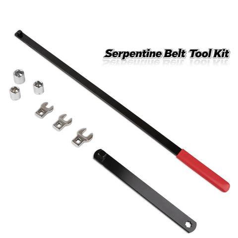 8 Piece Serpentine Belt Tool Kit With 3/8 Inch Drive And 1/2 Inch Drive Belt Tensioner Wrench Set laid out on white background