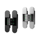 Top Shelf Heavy Duty Adjustable Concealed Cabinet Hinge Slick Black Zinc Alloy Door Pivot Hardware Thick Panel Smooth As Butter Sure Fit Single Pack in black and silver color, showcasing hinge design and adjustment feature.