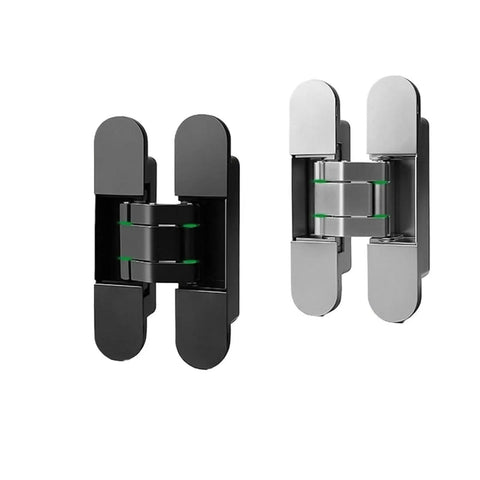 Top Shelf Heavy Duty Adjustable Concealed Cabinet Hinge Slick Black Zinc Alloy Door Pivot Hardware Thick Panel Smooth As Butter Sure Fit Single Pack in black and silver color, showcasing hinge design and adjustment feature.