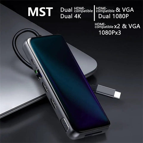 GoTo Usb C Laptop Docking Station Providing Zero Drama Setup With Gigabit Ethernet Vga Output And Sweet Superfast Data Ports Pd Charging Up To Eighty Seven Watts Badass Cold Aluminum Build For Daily Hustle showing its dual HDMI and VGA connections.