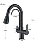 Purified Kitchen Faucet - 360° Rotating TapDeck-Mounted Filtered Water MixerHot & ColdEasy InstallatEle Gray Design with dimensions shown.