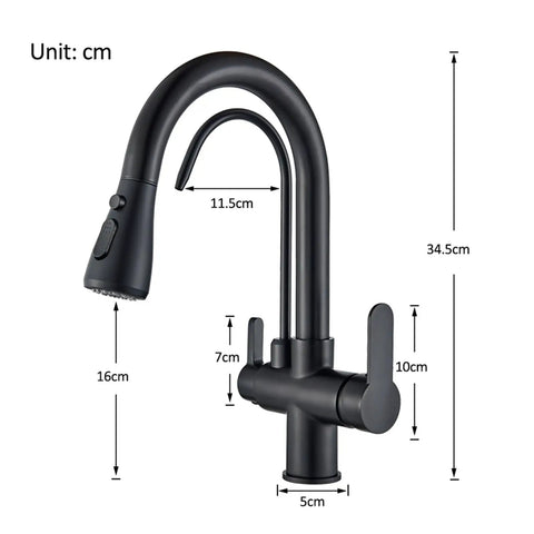 Purified Kitchen Faucet - 360° Rotating TapDeck-Mounted Filtered Water MixerHot & ColdEasy InstallatEle Gray Design with dimensions shown.