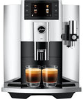 Level Up Your Daily Grind With This Sleek Chrome Automatic Coffee Machine Boasting One Touch Operation Built In Grinder And Rich Foam Frother For A Real Deal Barista Experience Certified Refurbished, close-up view of the machine with glasses of espresso.