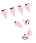 Pink 7X10MM Cone Punk Screw Back Spikes And Premium Heavy Metal Studs To Upgrade Badass Fashion Apparel Embellishments Gonna Slay Leather Crafts And Dope Diy Projects Today - close-up of pink cone spikes with screw backs