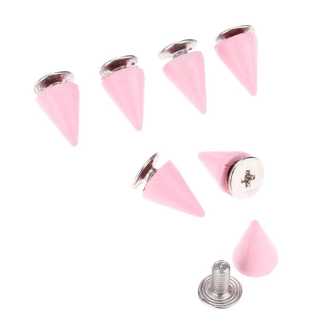 Pink 7X10MM Cone Punk Screw Back Spikes And Premium Heavy Metal Studs To Upgrade Badass Fashion Apparel Embellishments Gonna Slay Leather Crafts And Dope Diy Projects Today - close-up of pink cone spikes with screw backs