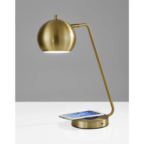 Emerson Desk Lamp With Wireless Charging Pad And USB Port 7W LED Reading Light For Home Office Qi Inductive Charging To Juice Up Your Phone Modern Mid Century Style Indoor Lighting For Any Space in brass finish with phone charging