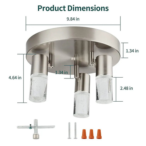 Dimensions of Three Light Semi Flush Mount LED Ceiling Light With Directional Heads, Dimmable 4000K 15W, Brushed Nickel Finish