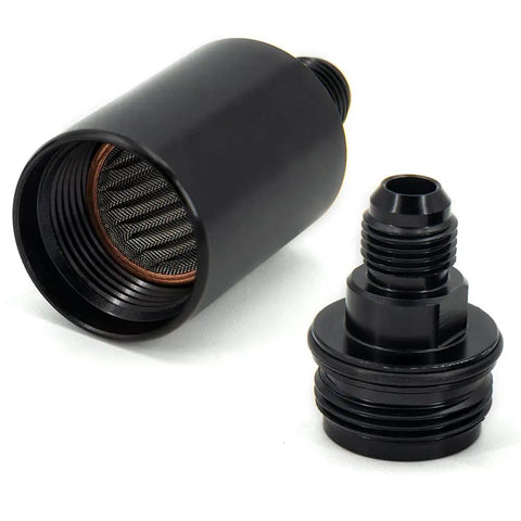 Heavy Duty An6 Billet Inline Fuel Filter With Removable Replaceable Canister Black Anodized Aluminum Housing, showing filter and canister