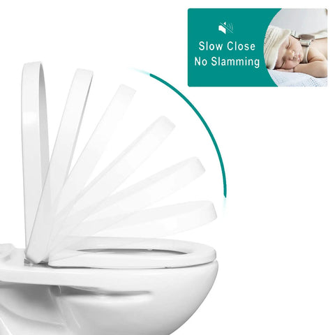 Square Toilet Seat With Smooth As Butter Soft Close Slow Shut Lid Quick Release Hinges showing slow close action on toilet.