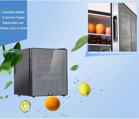 Compact Upright Mini Freezer Featuring A Sleek Black Glass Door With Energy Efficient Cooling That Runs Dead Quiet At Twenty Eight Decibels Ideal For Dorms Offices Or Small Bedrooms With Plug And Play Design - showing exterior, concealed handle, and visible contents.