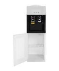 5 Gallon Top Load Water Cooler Dispenser with Hot and Cold Water for Home or Office, white, with door open showing storage