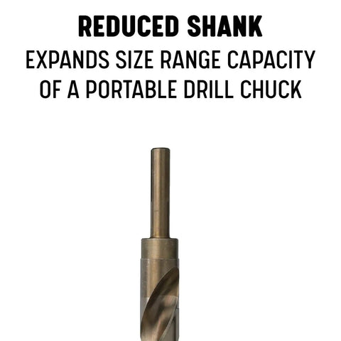 5 Piece M35 Cobalt Drill Bit Set In Plastic Pouch Case POU Series 9/16 Inch Through 1 Inch With 1/2 Inch Reduced Shanks Gold Oxide Finish
