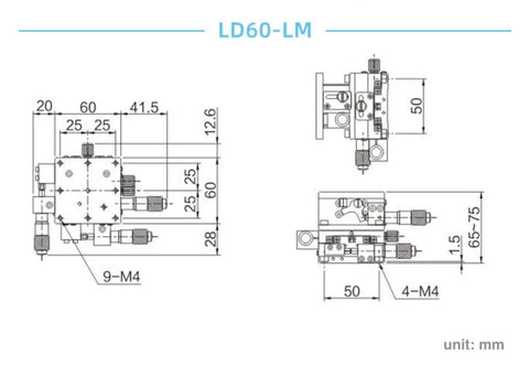 Technical diagram of Three Axis Manual Linear Stage with 2.36 by 2.36 inch platform for precise XY positioning and Z focusing.