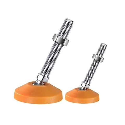 Four Swivel Adjustable Furniture Levelers With Heavy Duty Feet, Easy Install For Tables, Chairs, Shelves, Cabinets, Plant Stands, Workbenches, And More, Includes T Nuts For Leveling No Wobble On Uneven Floors. orange swivel feet with threaded metal bolts