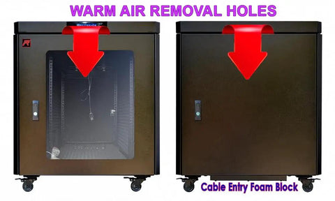 Rock Solid 15U Soundproof Server Cabinet with ventilated cooling, showing warm air removal holes and cable entry foam block.