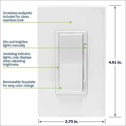 Smart Dimmer Switch, 2nd Gen WiFi With Matter features like screwless wallplate and adjustable brightness, 4.61 x 2.75 inches.