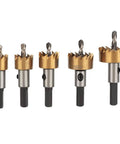 Fast Cutting High Speed Steel Hole Saw Set For Sheet Metal, 5 Piece Kit With Carbide Teeth For Quick Clean Holes, Boss Grade, Works With Drills, Drill Press, And Portable Machines On Steel, Iron, Stainless Steel And Thick Materials, 5-piece set