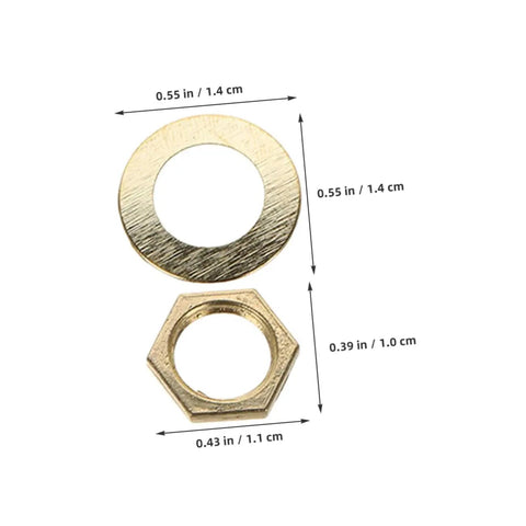 Clock Movement Nut Set With Washers 14 Pcs Replacement Parts Kit for DIY, gold metal nut and washer with dimensions shown.