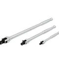 Three Piece Beefy Flex Handle Breaker Bar Set For Heavy Duty Jobs Quarter Inch Three Eighths Inch And Half Inch Sizes Made From Tough Alloy Steel For Maximum Torque And Easy Clean Up