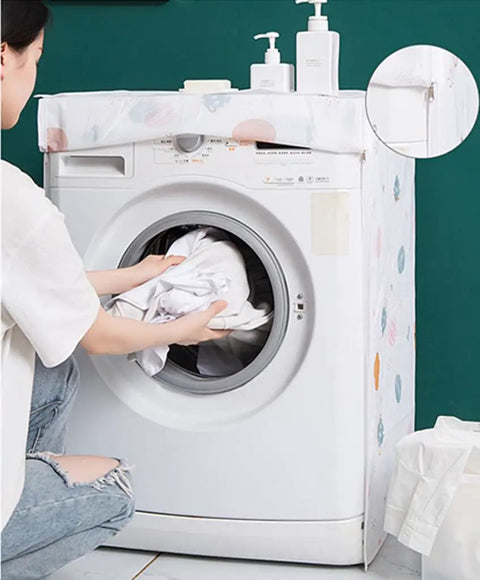 Washing Machine Cover Front Load Waterproof Dustproof Protector With Zipper Access showing woman loading clothes into washer.